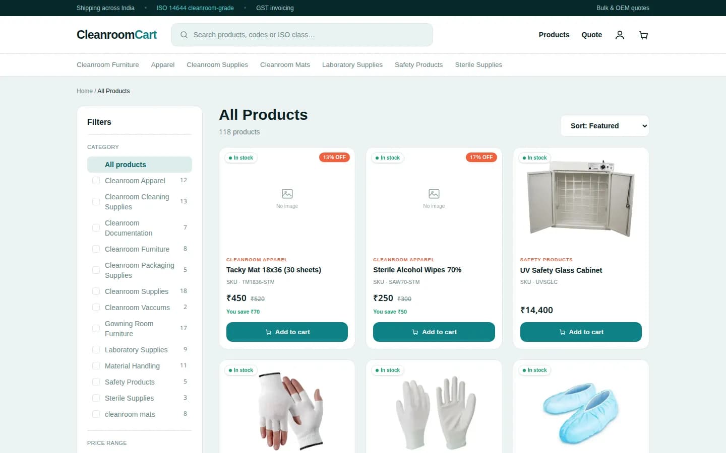 CleanroomCart online store — inner page on desktop