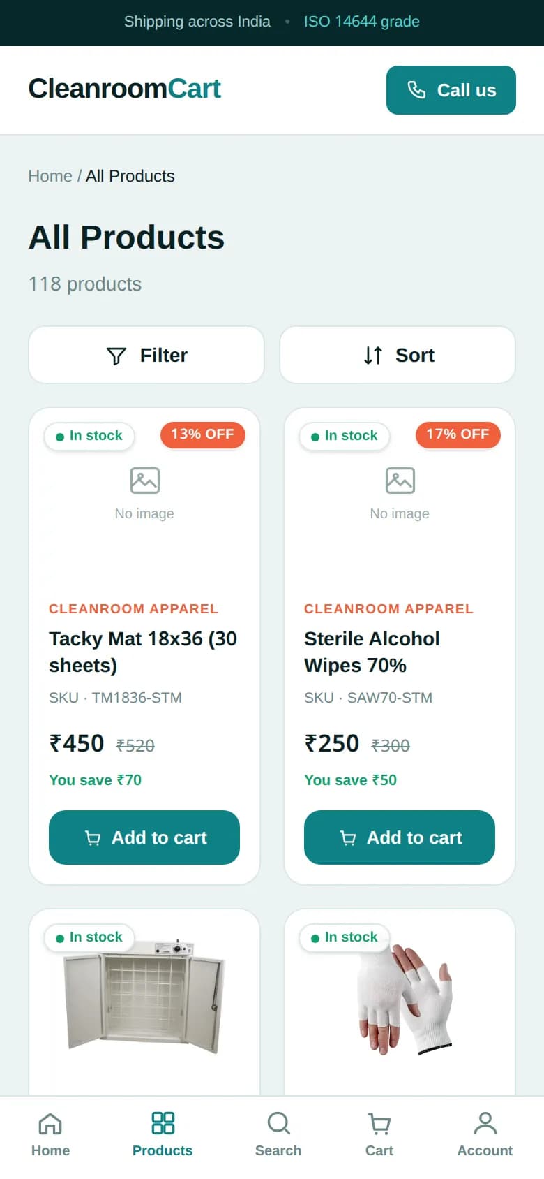 CleanroomCart online store — inner page on mobile