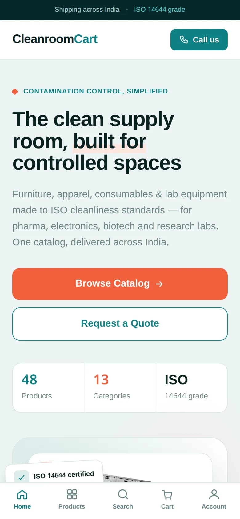 CleanroomCart online store — mobile