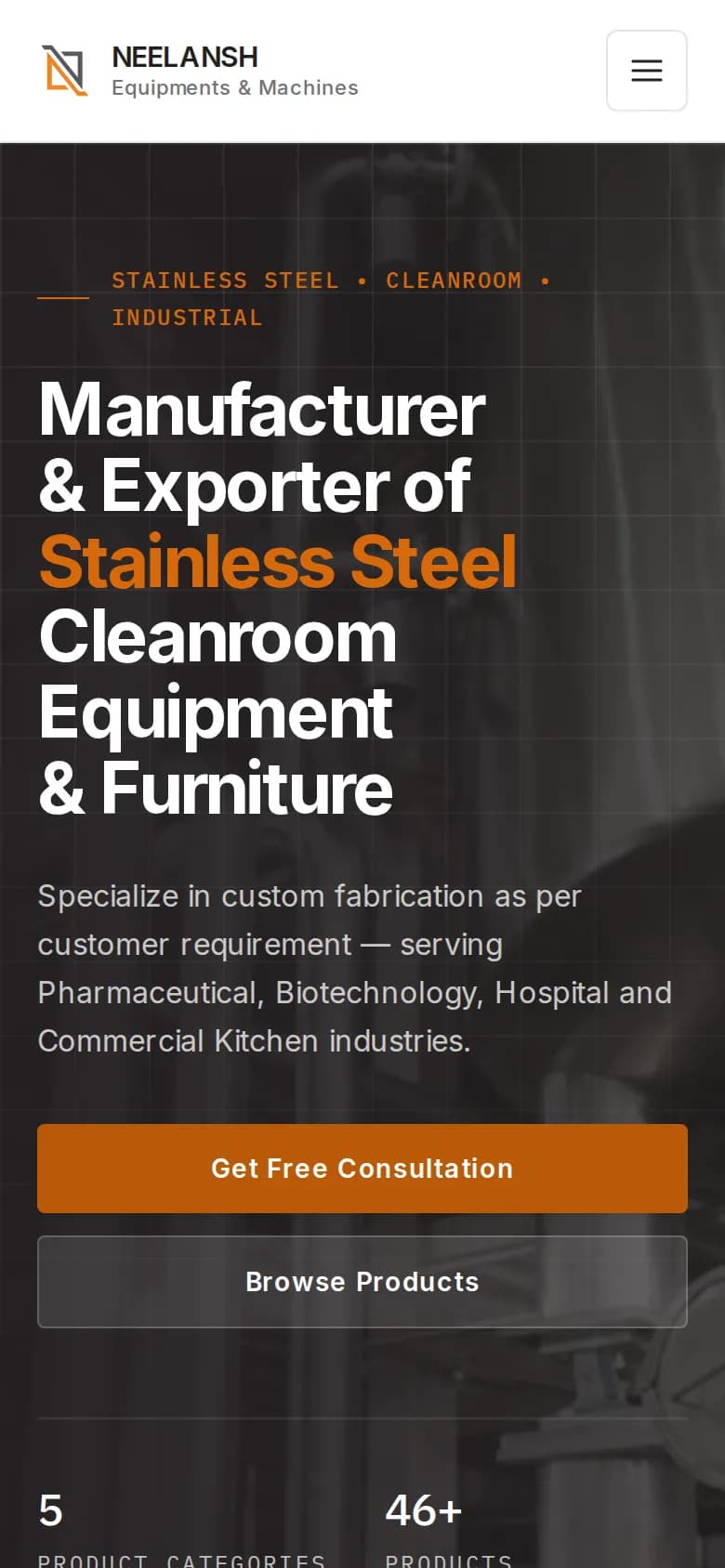 Neelansh Equipments & Machines website — home page on mobile