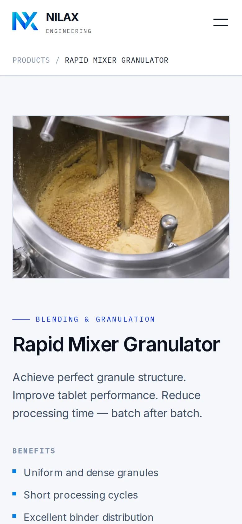 NILAX Engineering website — inner page on mobile